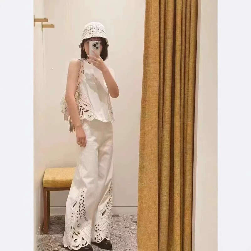 Français élégant C15 26 printemps nouvelle mode rétro queue de phénix motif creux brodé gilet haut + pantalon Long ensemble