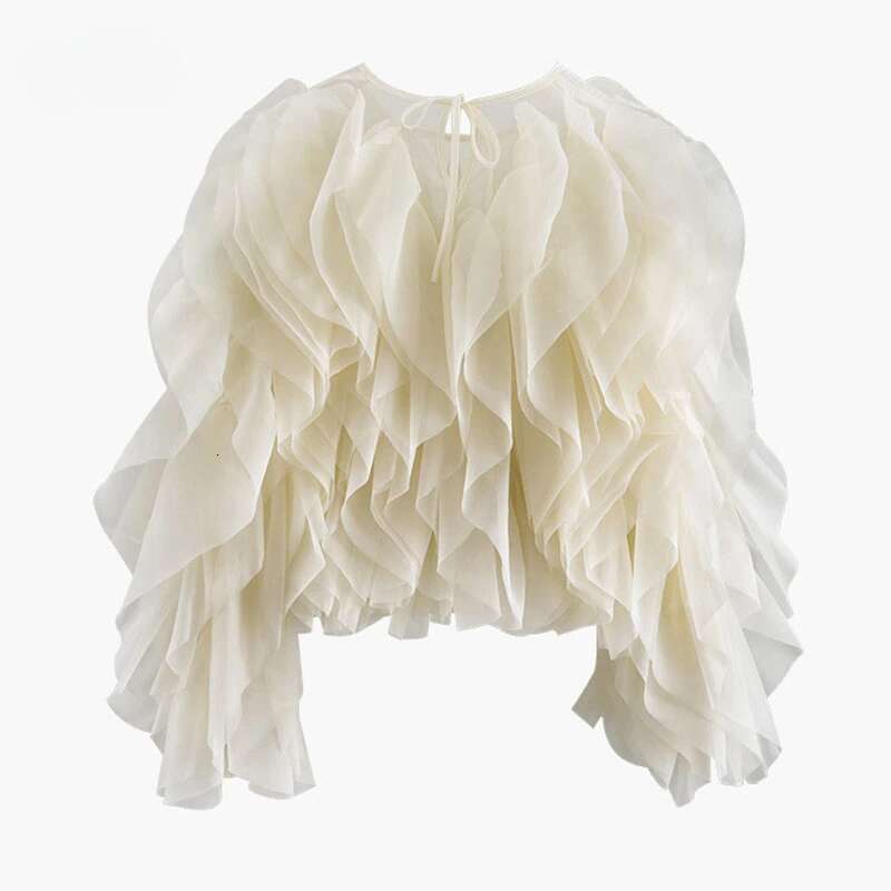VGH Elegant Patchwork Ruffle Chiffon Blouses Women O Neck Lantern Long Sleeve Loose Shirt Female Clothes Fashion Summer New Mdng260118