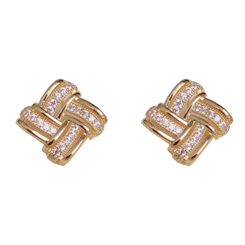 Jewelry 14K Gold Plated Stud Earrings For Women 925 Silver Needle Cubic Zirconia Woven Rhombus Design Korean Style Fashion Earrings-image-1104220291