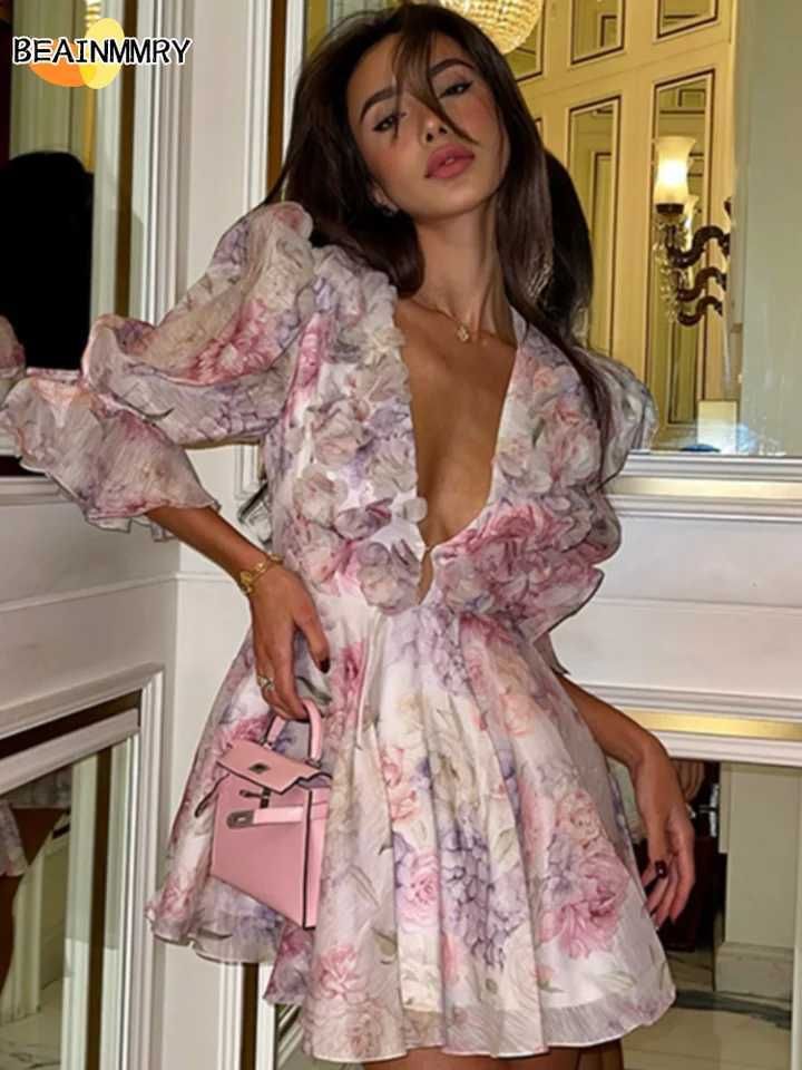 Robe mini femme tie dye imprimé 3D floral décolleté profond manches scintillantes ultra-fine plissée multiples Vestidos vêtements vacances M25041