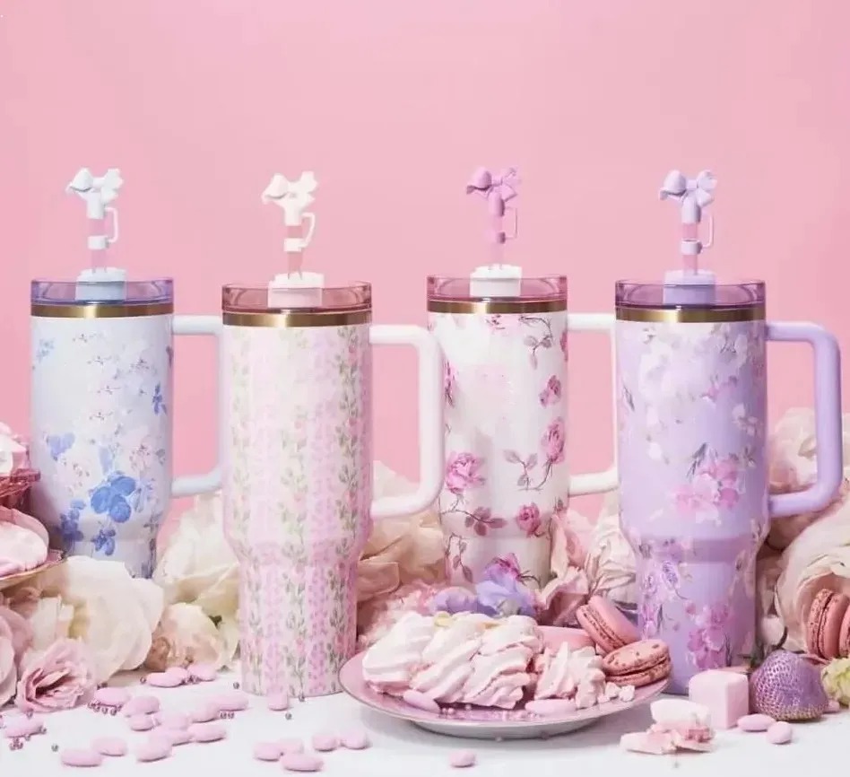 US Stock Blue Magnolia Pink Rose Lilac Floral Black Chroma Pink Flamingo Tumbler 40oz Stainless Steel Cups handle Lid And Straw Car mugs Water Bo-image-400180148