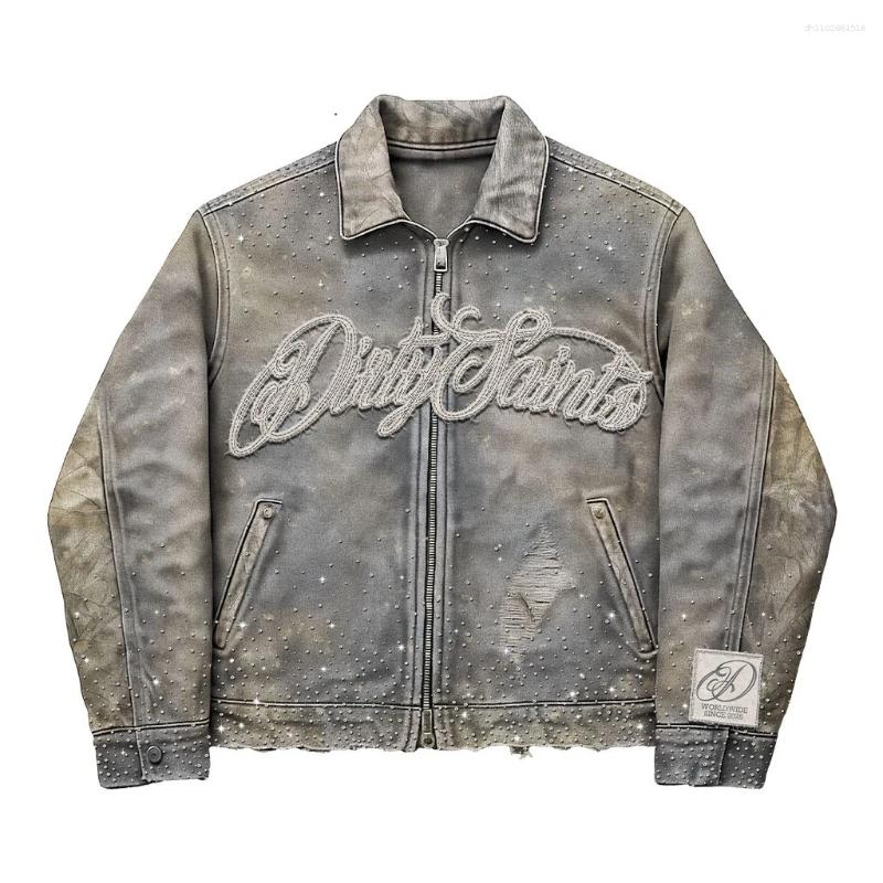 Jackets Mens Mens Vintage Distressed Denim Jacket With Letter Patches Rhinestone Embroidery Gray Zip Up Strtwear Hip Hop Casual Outwear L260612