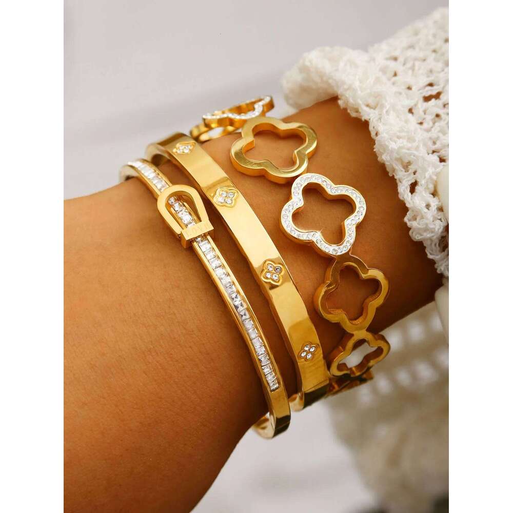 Jewellery Bracelet Stainless Steel Gold Plated Korean Light Luxury with Horseshoe Buckle Four Leaf Clover Flower for Party Daily Wear Gift High Qual