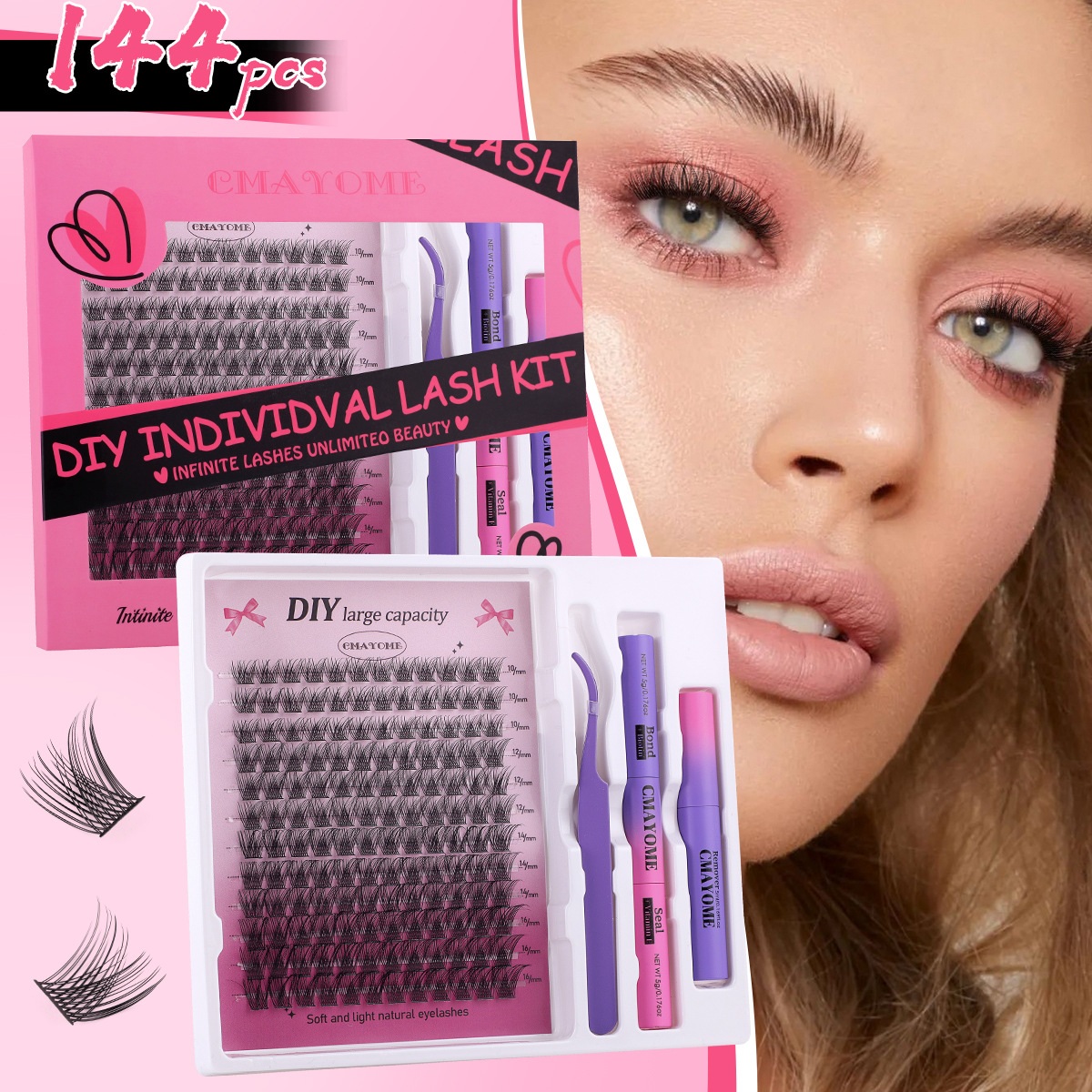 Thick Fluffy DIY Individual Eyelashes Soft Lightweight 144Pcs DIY Cluster Lashes Kit with Lash Bond & Seal Hand Made Reusable D Curled Segmented-image-1092474310