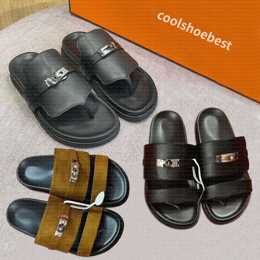 Luxury Designer Sandals Womens Mens Flat Sandal Flip Flops Real Leather Brand Slides Slippers New Summer Casual Metal Buckle Beach Shoes Black Man W