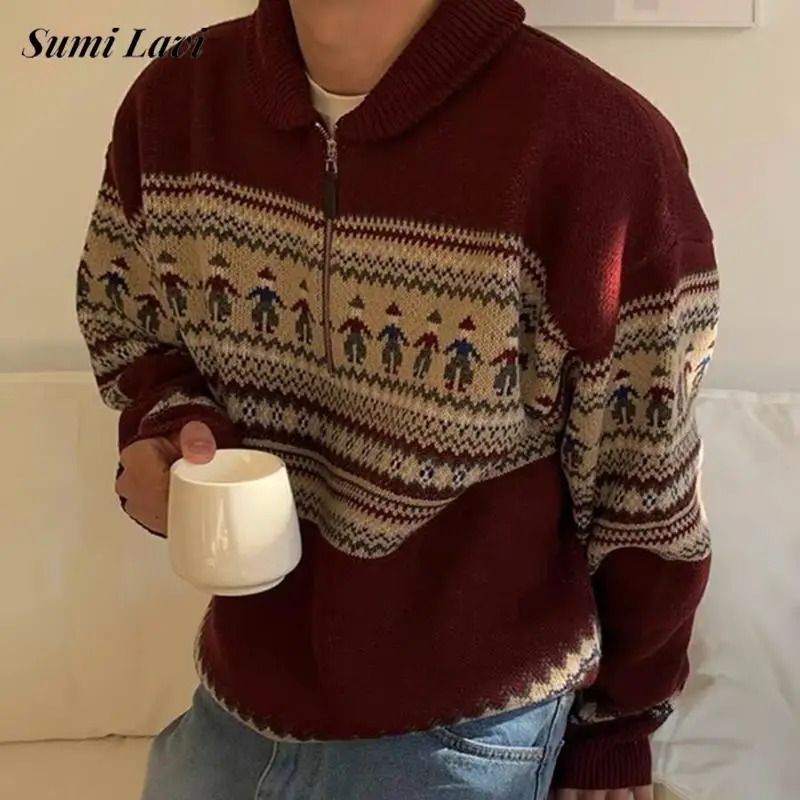 Fall Winter Casual Mens Knit Jumpers Vintage Pattern Print Knitting Sweater Tops Men Fashionable Lapel Zipper Sweater 260114BJ