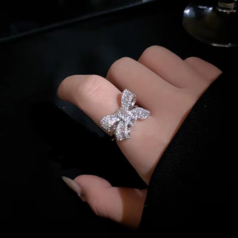 Women's Ring Cubic Zirconia Bow Knot Design Light Luxury Minimalist Fashion Accessory Adjustable Open Ring for Daily Wear and Special Occasions