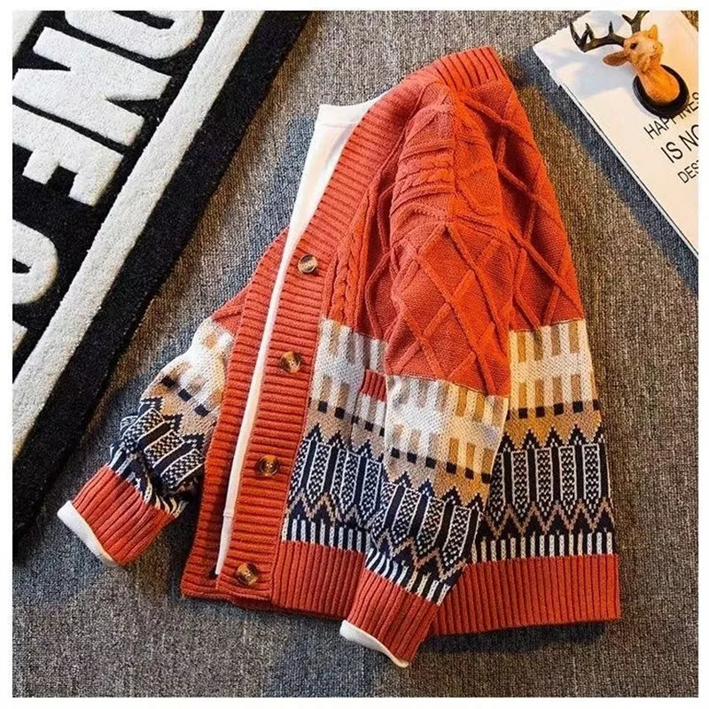 Autumn and Winter Fashion Trend Printed Retro Sports Sweater Mens Loose Comfortable Thickened Warm Large Size Knitted Sweater 260114BJ