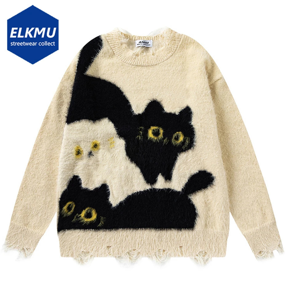 Funny Cat Sweaters Mens Harajuku Oversized Hip Hop Sweater Pullover Knitted Jumer Y2K Vintage Streetwear Sweaters Unisex 260114BJ