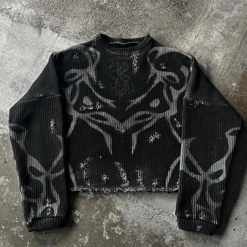 Black Gothic Print Pullover Long Sleeve Knitted Sweater Men and Women Y2k Harajuku Striped Tear High Street Punk Slim Sweaters 260114BJ