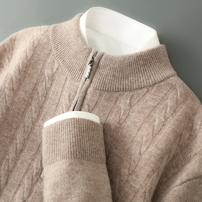100 Pure Wool Pullover Mens Padded Half-Height Zipper Collar Cashmere Knitted Sweater Autumn Winter Twisted Flowers Joker 260114BJ