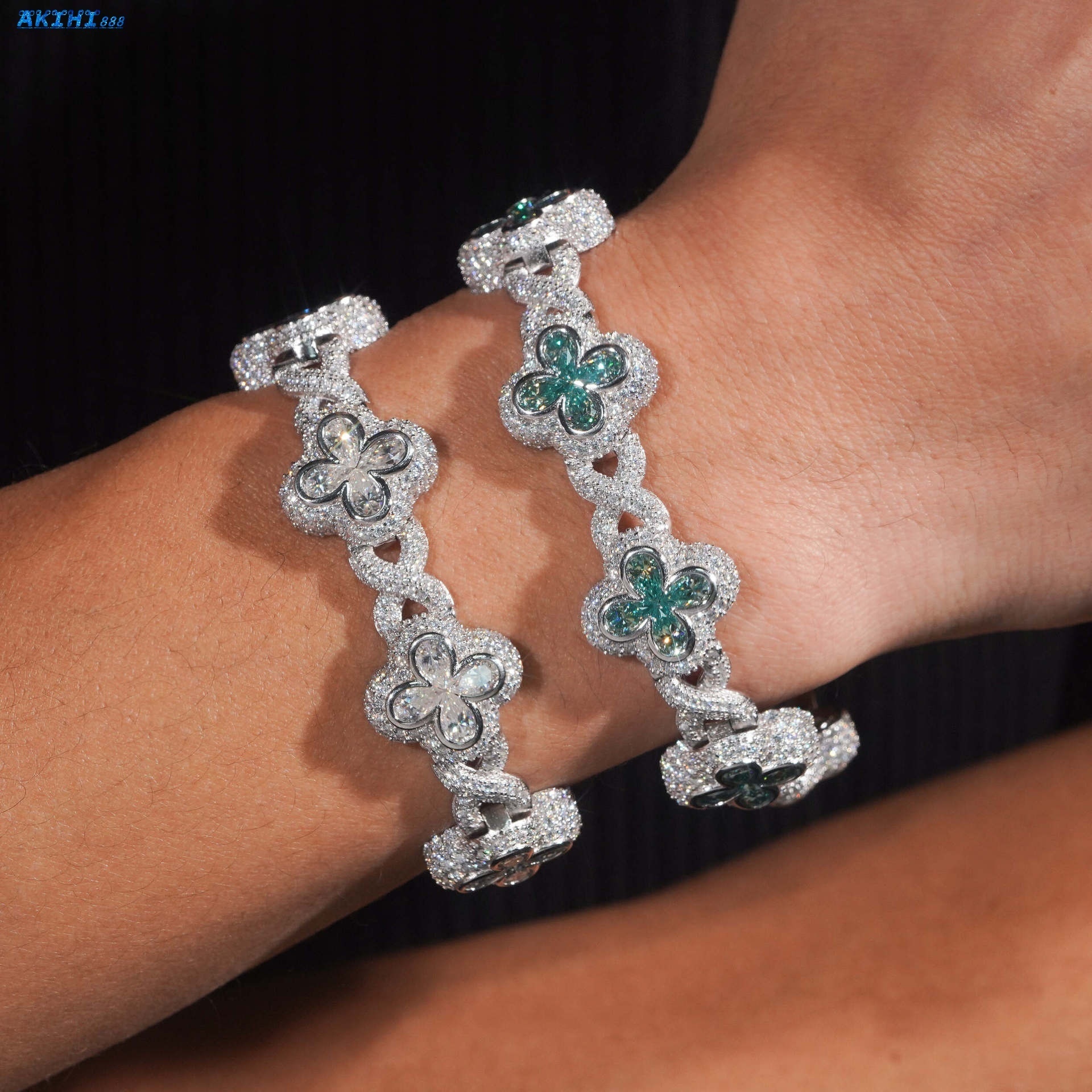 925 Sterling Silver Hip Hop Jewelry Pear Flower Design Iced Out Blue Green Moissanite Infinity Cuban Link Bracelet for Mens