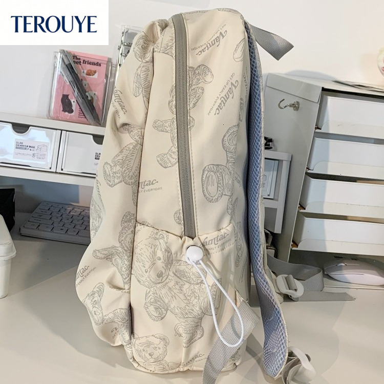 TEROUYE New Nylon Bear Backpack for Women Korean Top fashion Style Middle and High School Students Versatile atmosphere Lightweight Simple Travel Ba