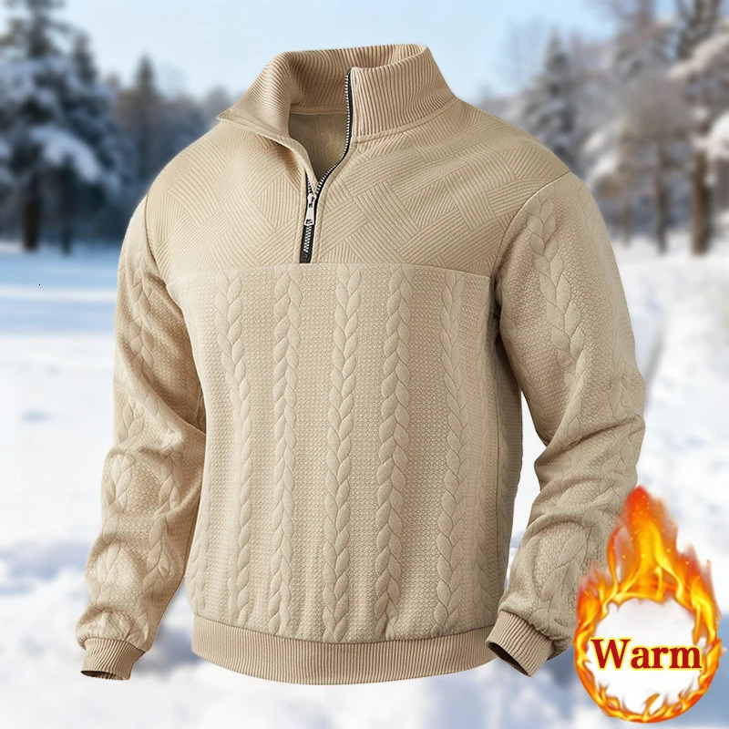 Mens Casual Long-Sleeved Sweater Stand-up Collar Zipper Pullover Loose Knitted Jacquard Top for Business/ Leisure Autumn/Winter 260114BJ