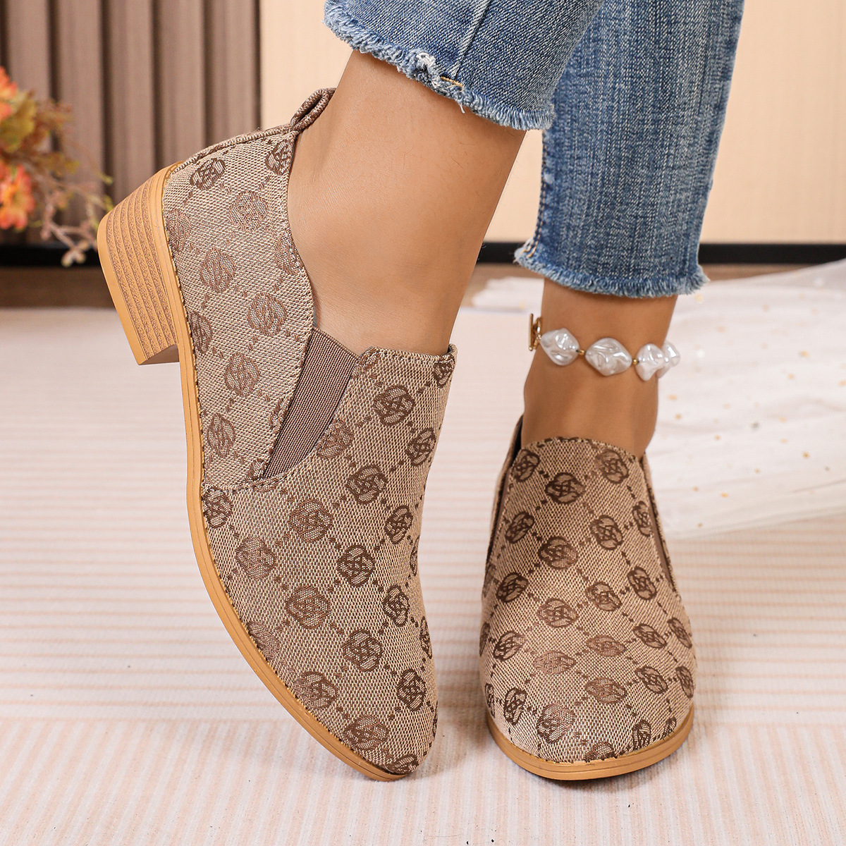 Free Shipping Elegant and Versatile Women's Shoes 2026 Spring Summer Collection Print Design Pointed Toe Chunky Heels Dress Shoes Sizes 36-43 H