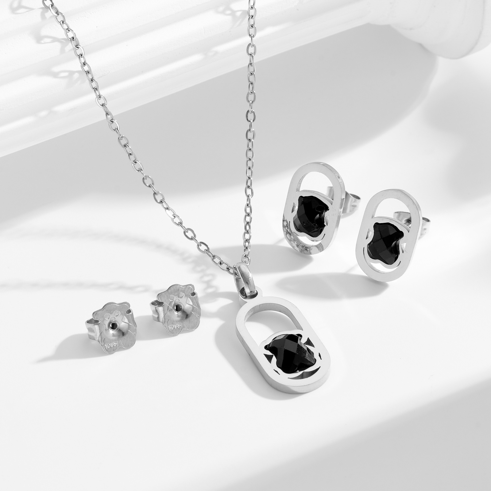 New Fashion Women Girls Silver Gold Stainless Steel Span Bear Cartoon Animal Pink Black White Shell Glass Pendant Earrings Jewelry-image-1092656520