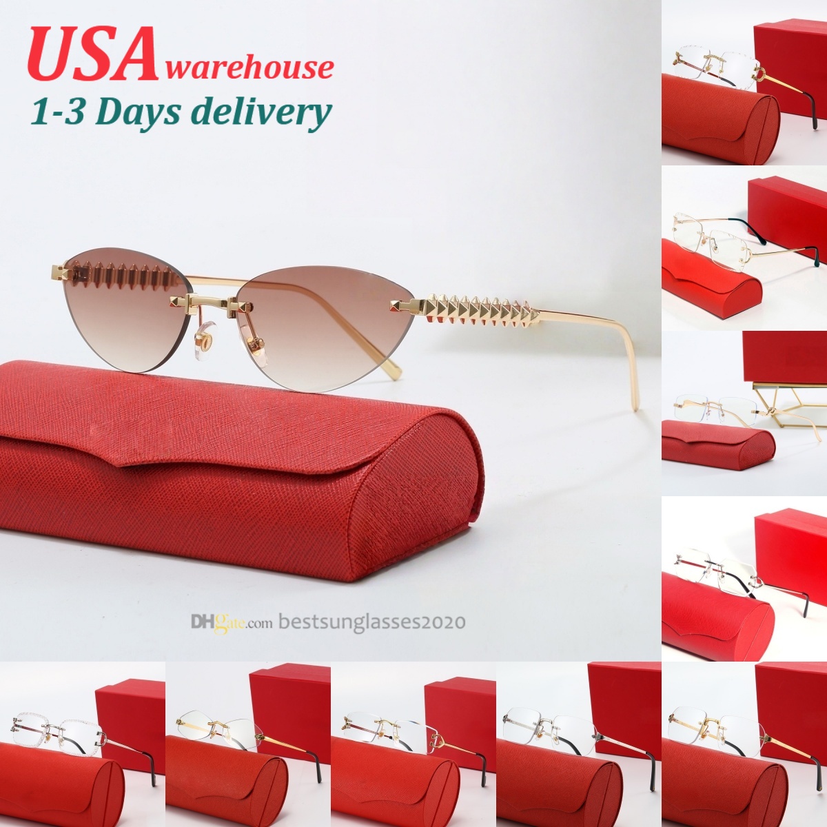 2026 Cat Eye Sun glasses Women Purple Rimless Metal Frame Designer Sunglasses Men Oval & Rectangle Lenses Studs Polished Gold Finish Fashion Eyewear