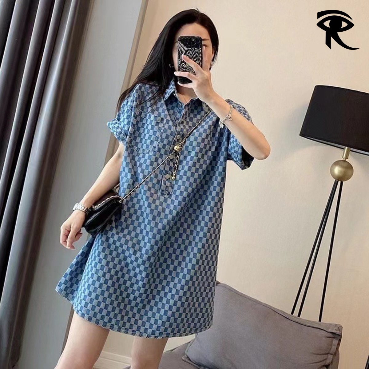 2025 INS tendance grande taille robe à carreaux été à manches courtes denim bleu t-shirt jupe navette vêtements originaux robe de créateur vente
