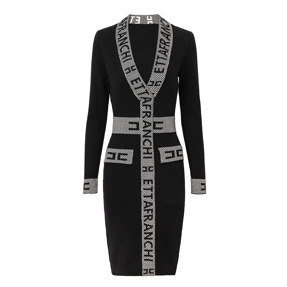 2026 Spring and Autumn Long Sleeve V-Neck Knit Mid-Length Waist-Cinching Sweater Dress