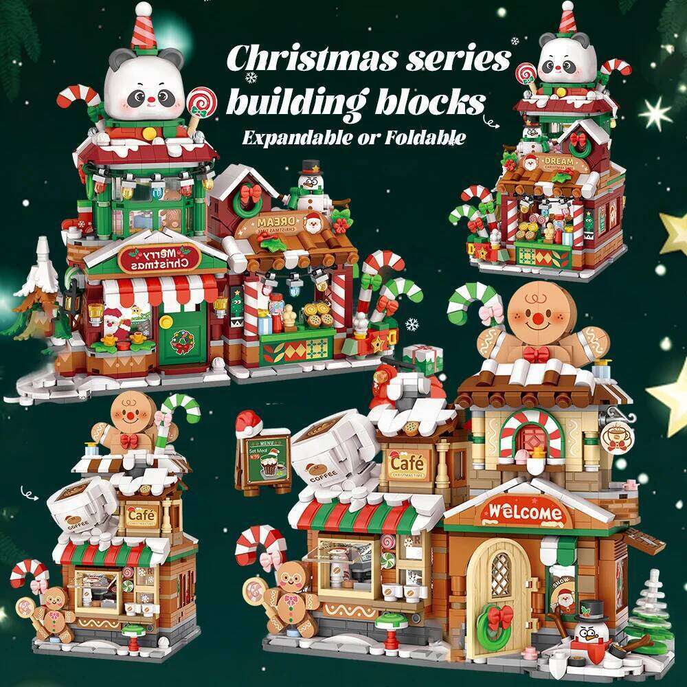 HUIQIBAO Christmas Tree Panda Snowman Shop Model Building Block DIY Gingerbread Cafe Bricks Ornament Toys Adult Santa Claus Gift H260121-image-1092665581