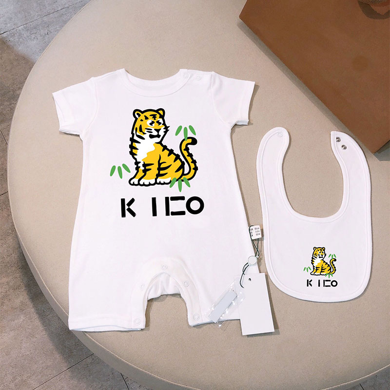 Designer Summer Baby Clothing 2Pcs Baby Short Sleeve Romper & Matching Bib Set Soft Cotton Round Neck Newborn Jumpsuit Infant Daily Summer Wear