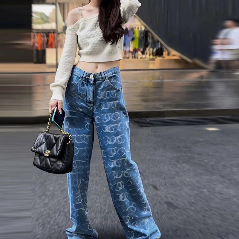 Jeans de créateur Nanyou High Edition Double C imprimé paillettes taille haute pantalon en denim droit étroit pour femme