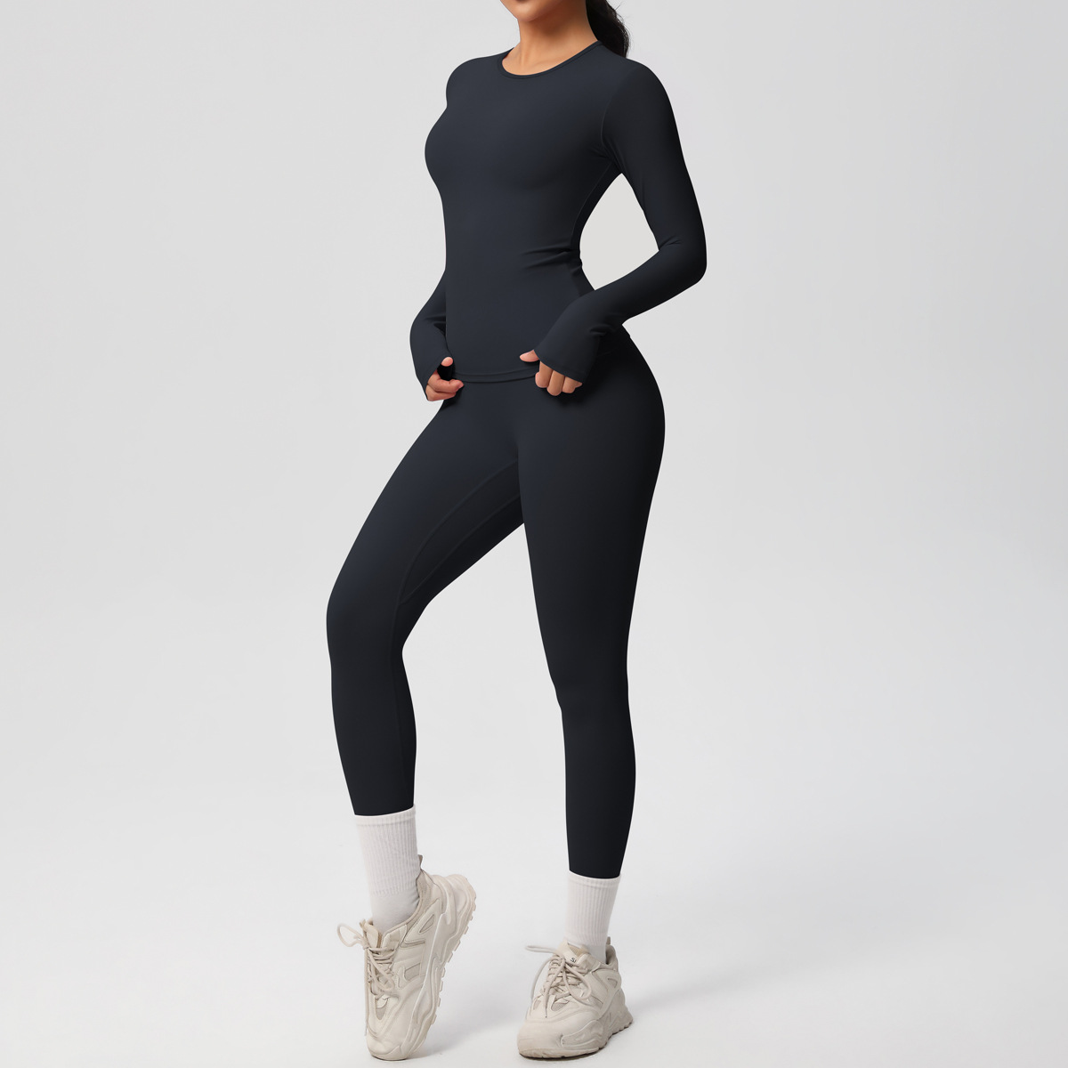 Double-sided brushed solid color tight training long-sleeved yoga suit set two pieces for sports running and fitness Aloetic women set