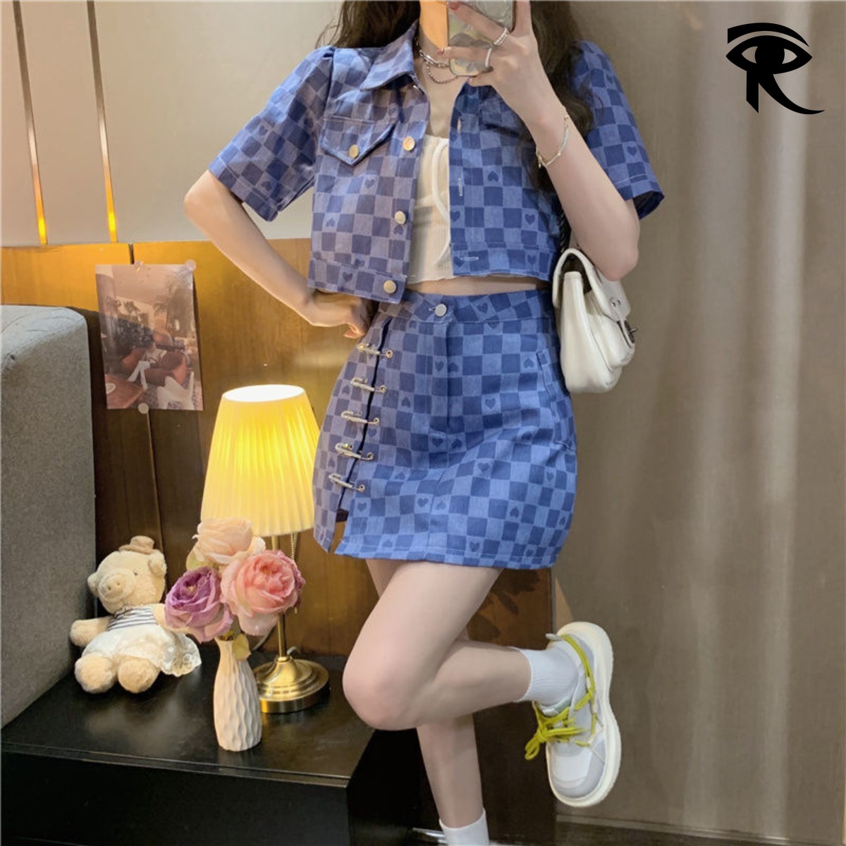 2025 INS Tendance Costume d'été à carreaux t-shirt manches courtes en denim bleu jupe tailleur veste courte jupe courte tenue originale créateur