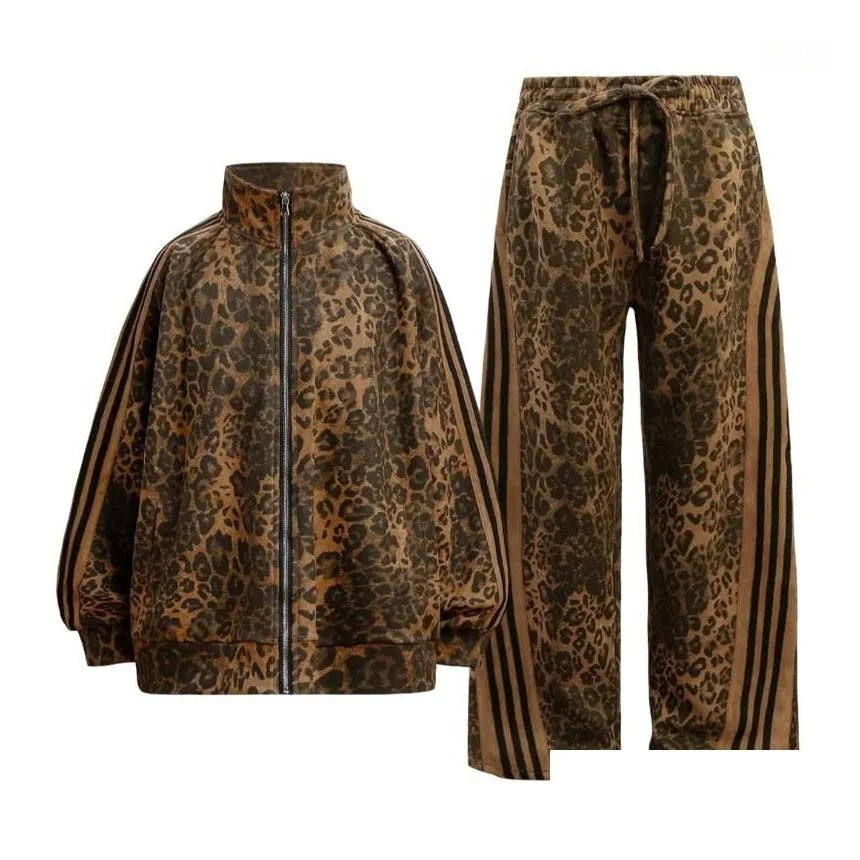 Mens Tracksuits Uni Fashion Sportswear Women Retro Punk Leopard Print Jacket Pants Suede Tracksuit Couple Outdoor Casual Clothes Drop Otben