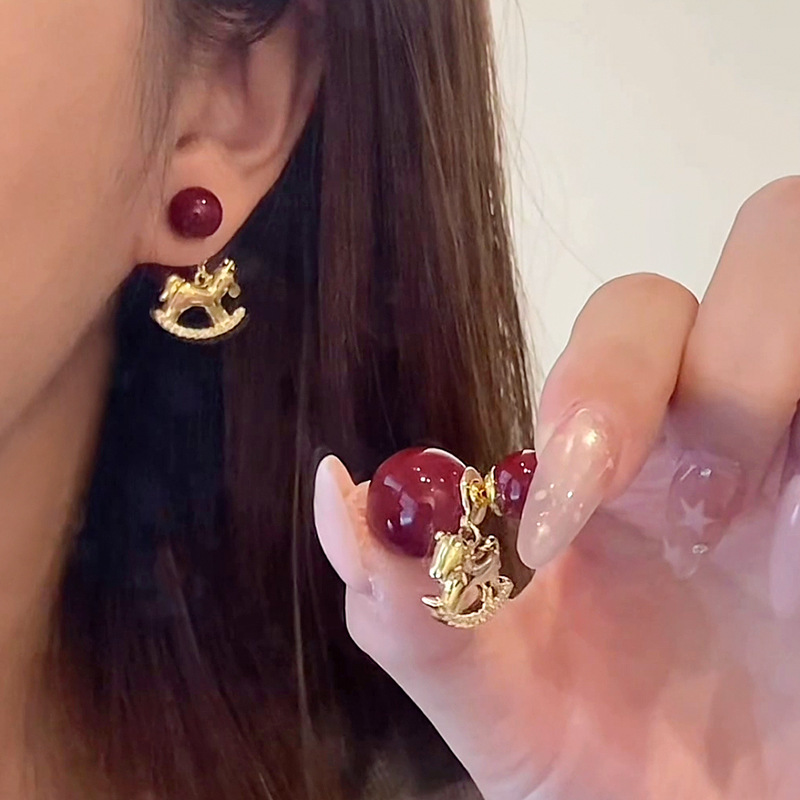 18K Real Gold Plated Zircon Round Pony New Chinese Style Retro Zodiac Year Earrings Light Luxury Niche Ear Jewelry-image-1092732756