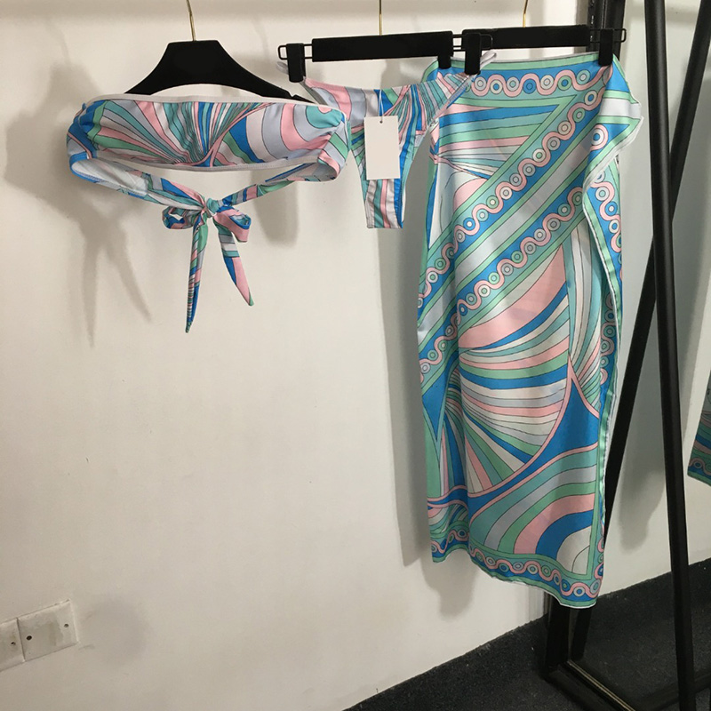 Women Elegant Bikinis Sarong Set Padded Tube Top Swimsuit Yacht Vacation Beach Bathing Suit-image-999554753