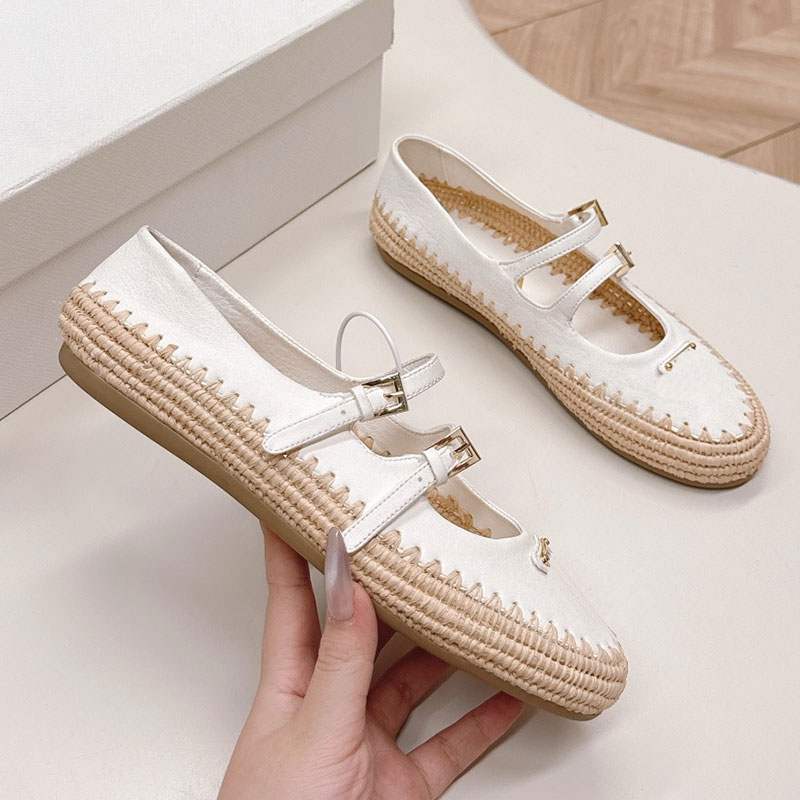 Womens Nappa Leather Raffia Ballerinas Designer Flat Shoes 1F869N Ladie Soft Leather Casual shoe Enameled Metal Logo Sizes 35 41