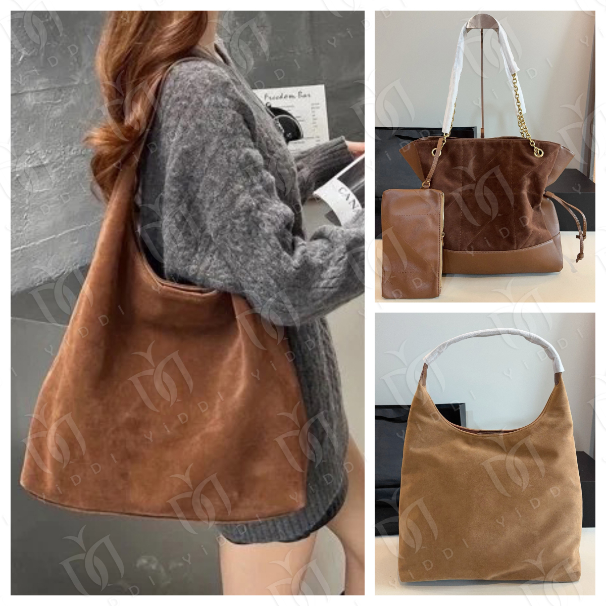 Womens Trendy Suede bag Tote bag Designer Slouchy bag Hobo bag Woman Fashion winter large handbag shoulder bags Underarm bag Brown Suede bag Weekend