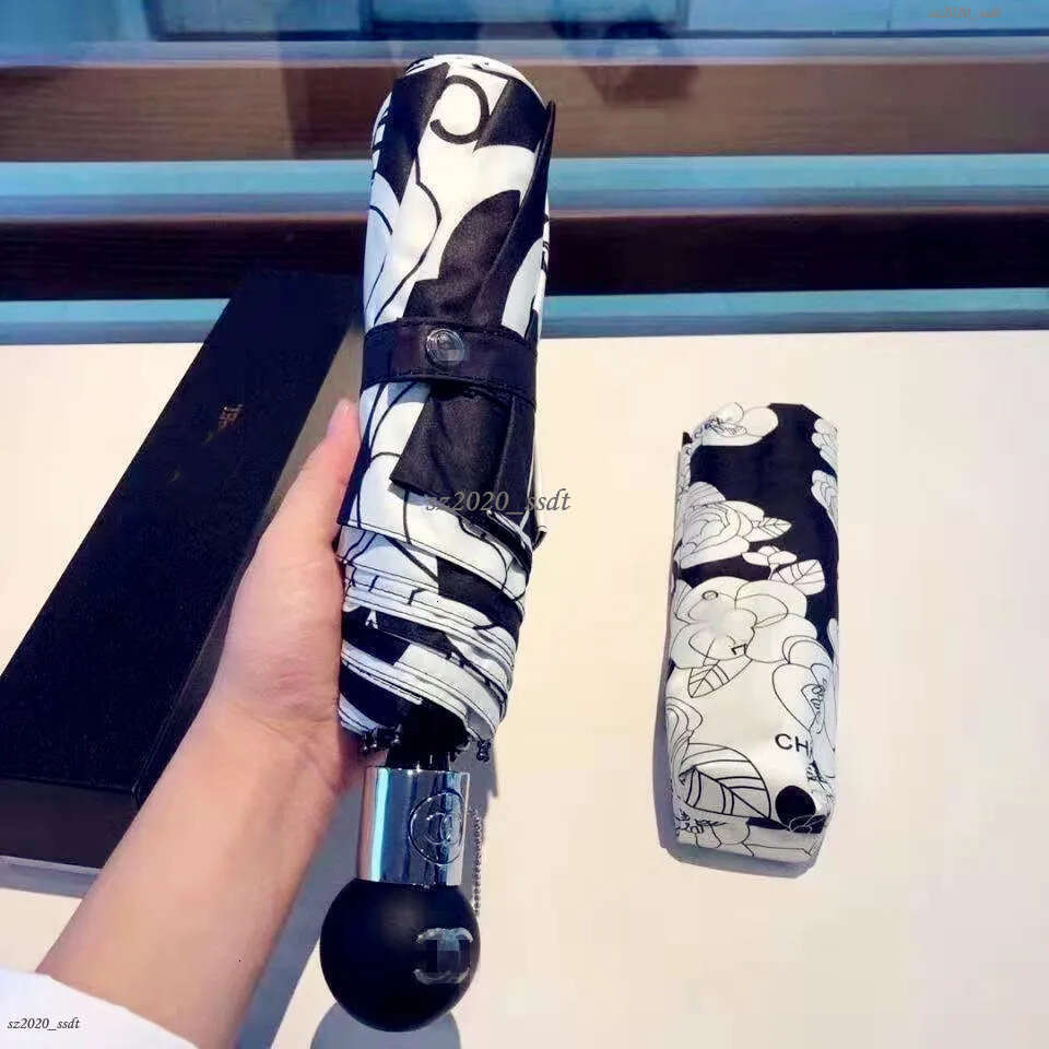 Designer Umbrella Flower Umbrella Letter Printing Black Glue Snow Anti UV Sunshade Umbrella Round Head Fully Automatic Triple Fold Umbrella M2603-image-1095984820