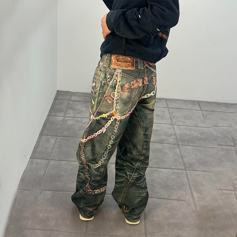 Designer jeans American High Street 3D Digital Print Candy Chain Vintage Scimitar Jeans Unisex Straight Casual Pants Trendy