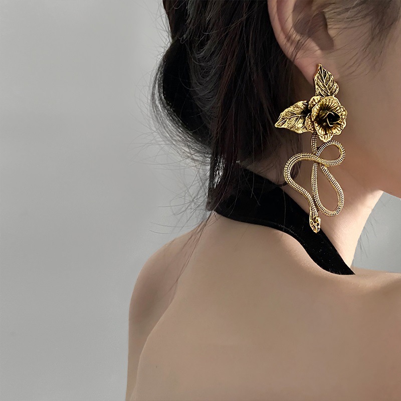 Silver Needle Flower Leaf Snake-shaped European and American Exaggerated Niche Personality Stud Drop Minimalist Retro Earrings for Women-image-1093069921
