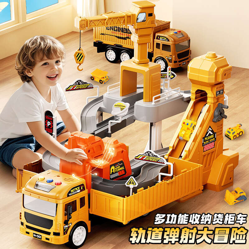 Large children's 2-in-1 transformable catapult rail truck crane engineering car toy set boys' toy car Q260123-image-1087078068