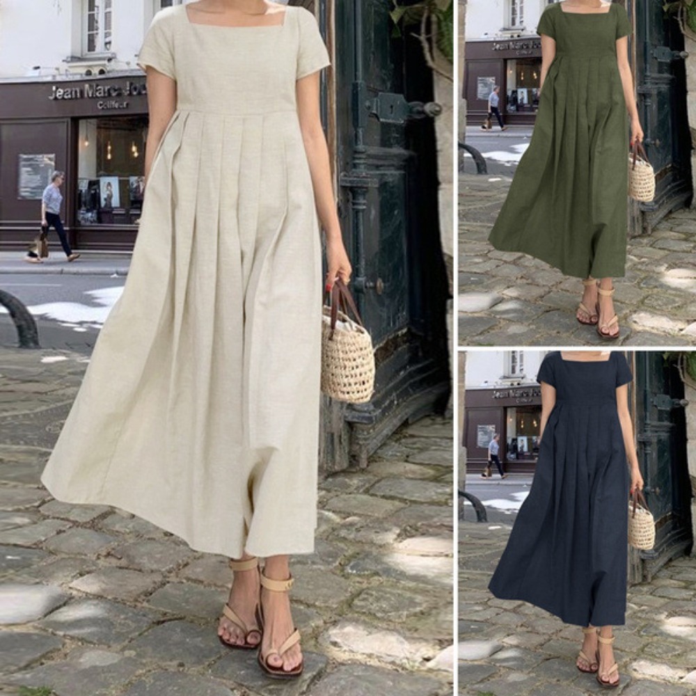 (3) Robe d'été, manches courtes, robe longue élégante et décontractée