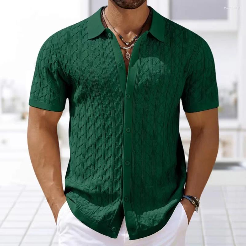 Men's Polos Spring Summer Knit Polo Shirt Men Casual Turn-down Collar Button Solid Geometric Pattern Top Ice Silk Tee Vintage Cardigan