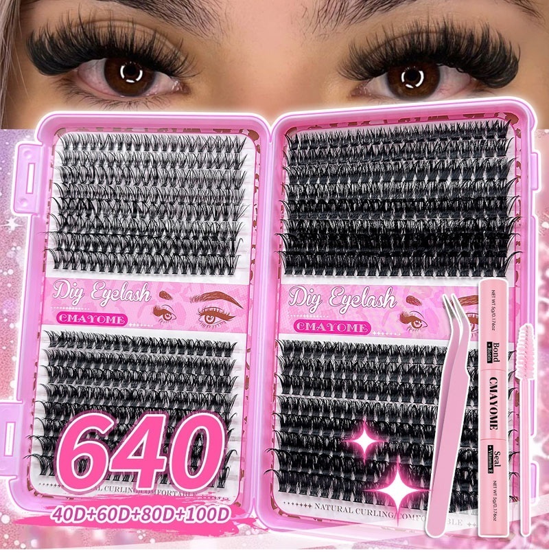 640Pcs Individual Eyelashes Thick Fluffy DIY Cluster Lashes Kit with Lash Bond & Seal Tweezer Brush D Curled Grafted Lashes Soft Lightweight Segm-image-1092784718