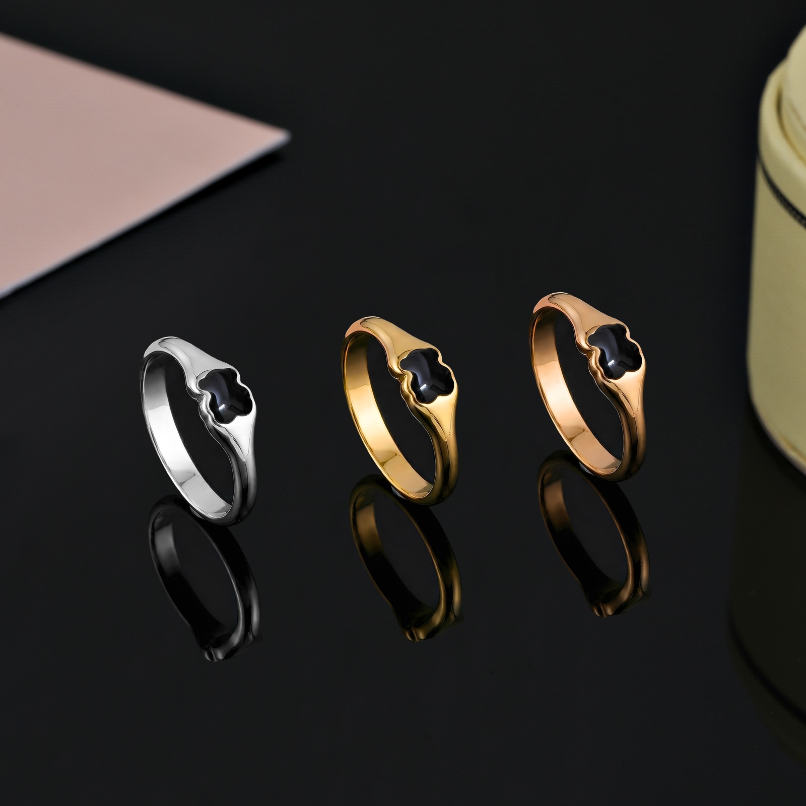 Fashion Women Men Silver Rose Gold Stainless Steel Span Bear Cartoon Animal Circle White Black Glass Letter Rings Jewelry A Gift-image-1097569897