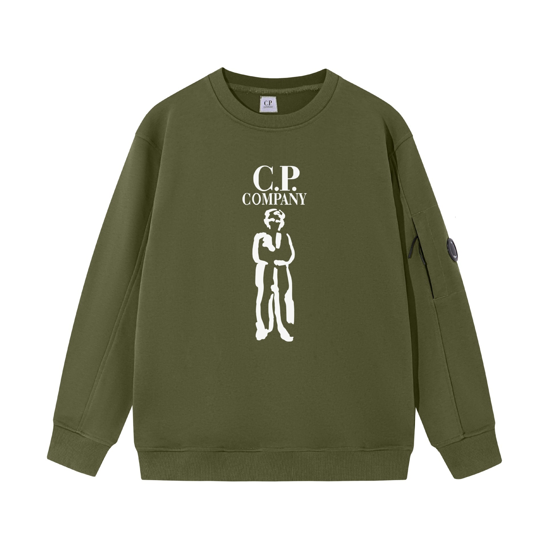 Company Unisex Olive Green Basic Ribbed Trim Casual Streetwear Top Sweatshirt Chest Graphic Print With Lens Badge And Arm Pocket Long Sleeve Garment