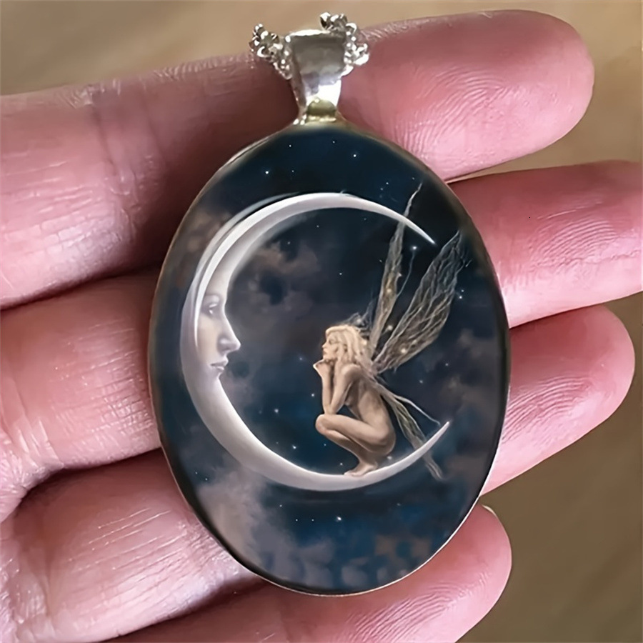 Choker Free Shipping 1Pc Moon Goddess Painted Round Angel Pendant Necklace Men's Gift close-fitting Jewelry Accessories Necklace