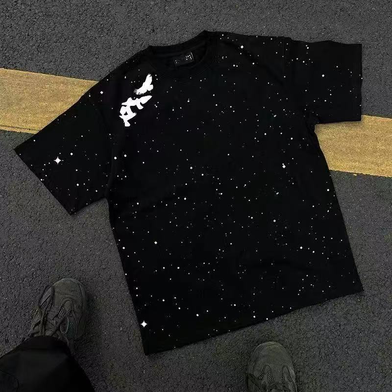 Free Shipping Galaxy Star Print Heavyweight Tee 2026 Men's Streetwear T Shirt Oversized American Style Summer Top