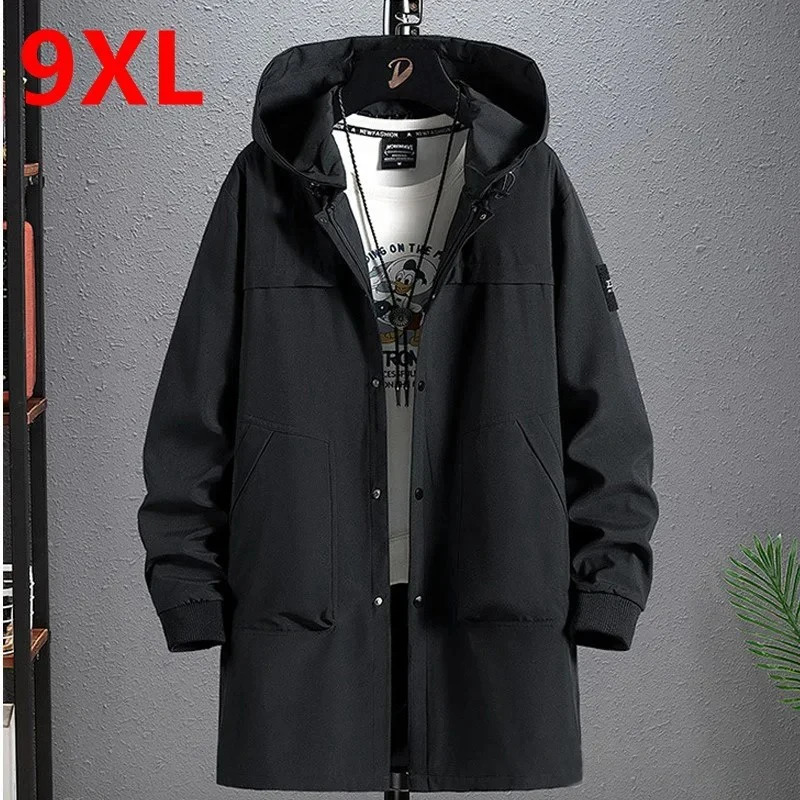 Plus Size Long Windbreaker Spring Autumn Mens Coat Hooded Jacket for Men 9XL 8XL Men Clothing Trench Coat Men 260123BJ