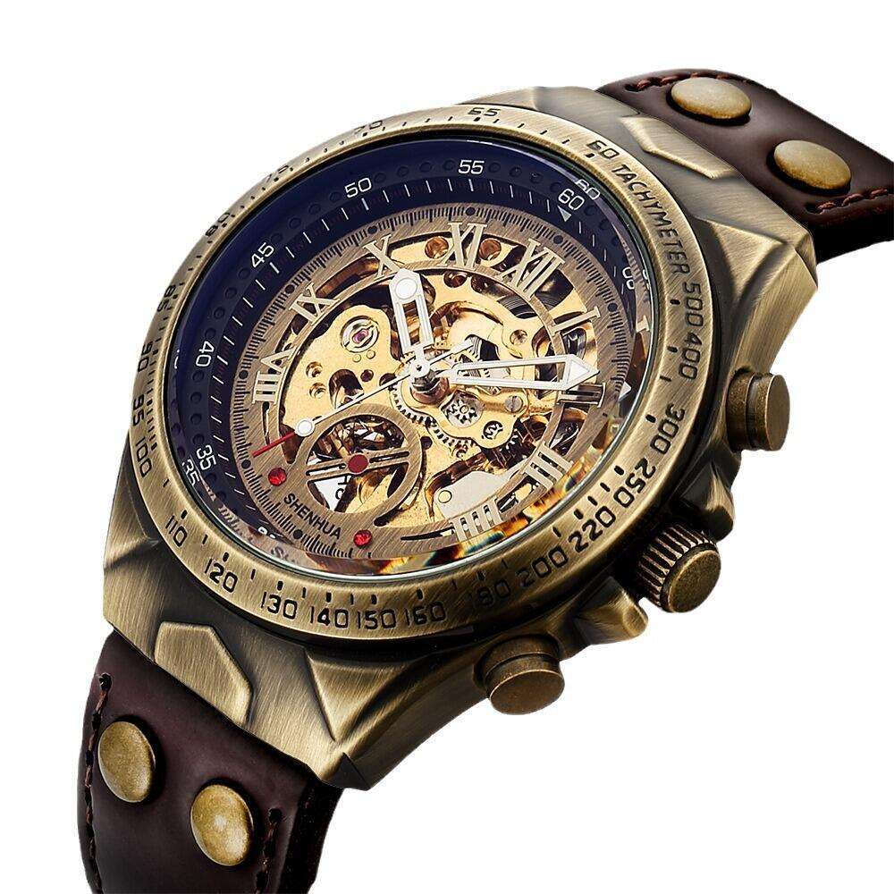 Retro hollowed out mechanical watch for men, fashionable and casual, antique bronze automatic mechanical watch