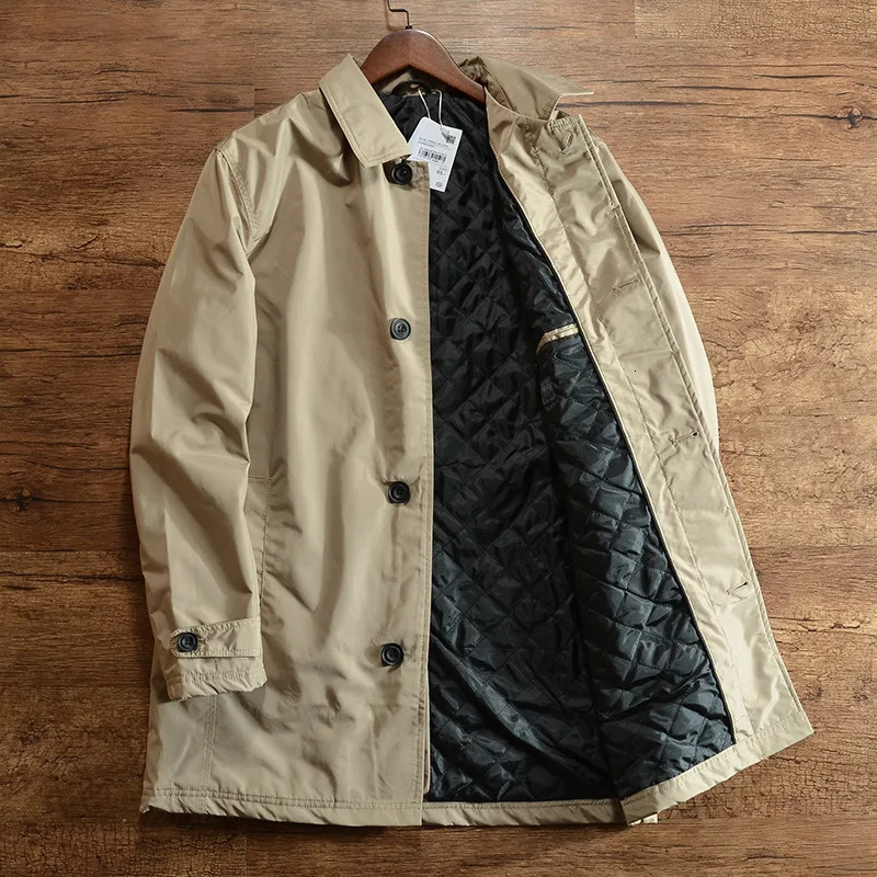 Mens Elegant Windbreaker Korean Style Simple Cotton Jacket for Warmth in Winter Medium Length Lapel Trench Coat Button Up Top 260123BJ