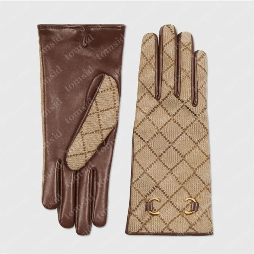 Canvas Womens Designer Gloves Full Letters Winter Luxury Gloves Gold Buckle Warm Wool Lining Fashion Genuine Leather Glove