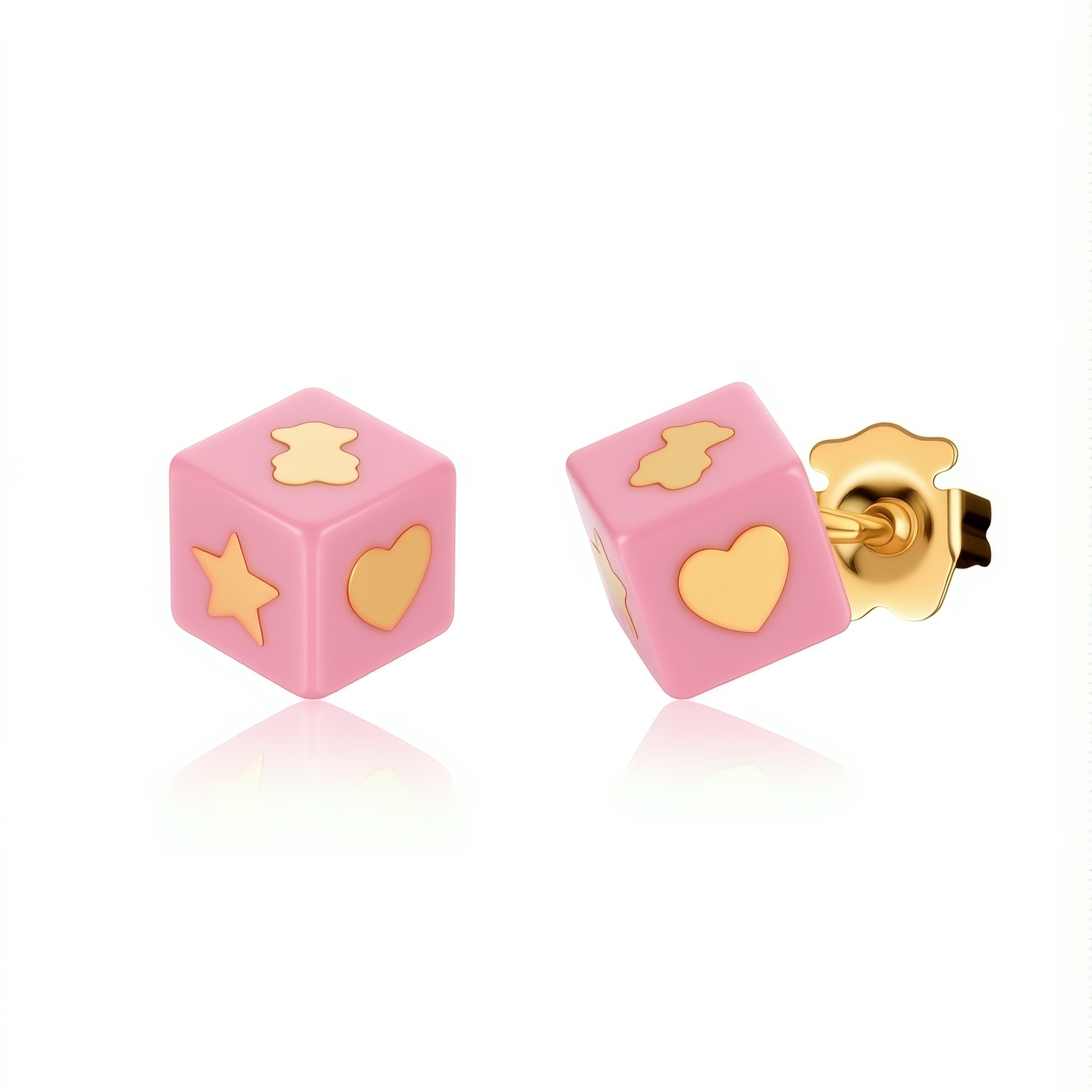 New Fashion Women Lover Men Silver Gold Stainless Steel Bear Heart Span Cartoon Animal Green Pink Red Blue Sieve Cube Stud Earrings Jewelry Gift-image-1093019534