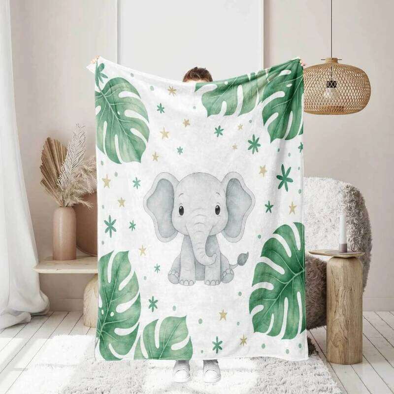 Cute Elephant Leaf Flannel printed blanket all seasons suitable for living room office sofa and travel 180x250CM H260124-image-1093093924